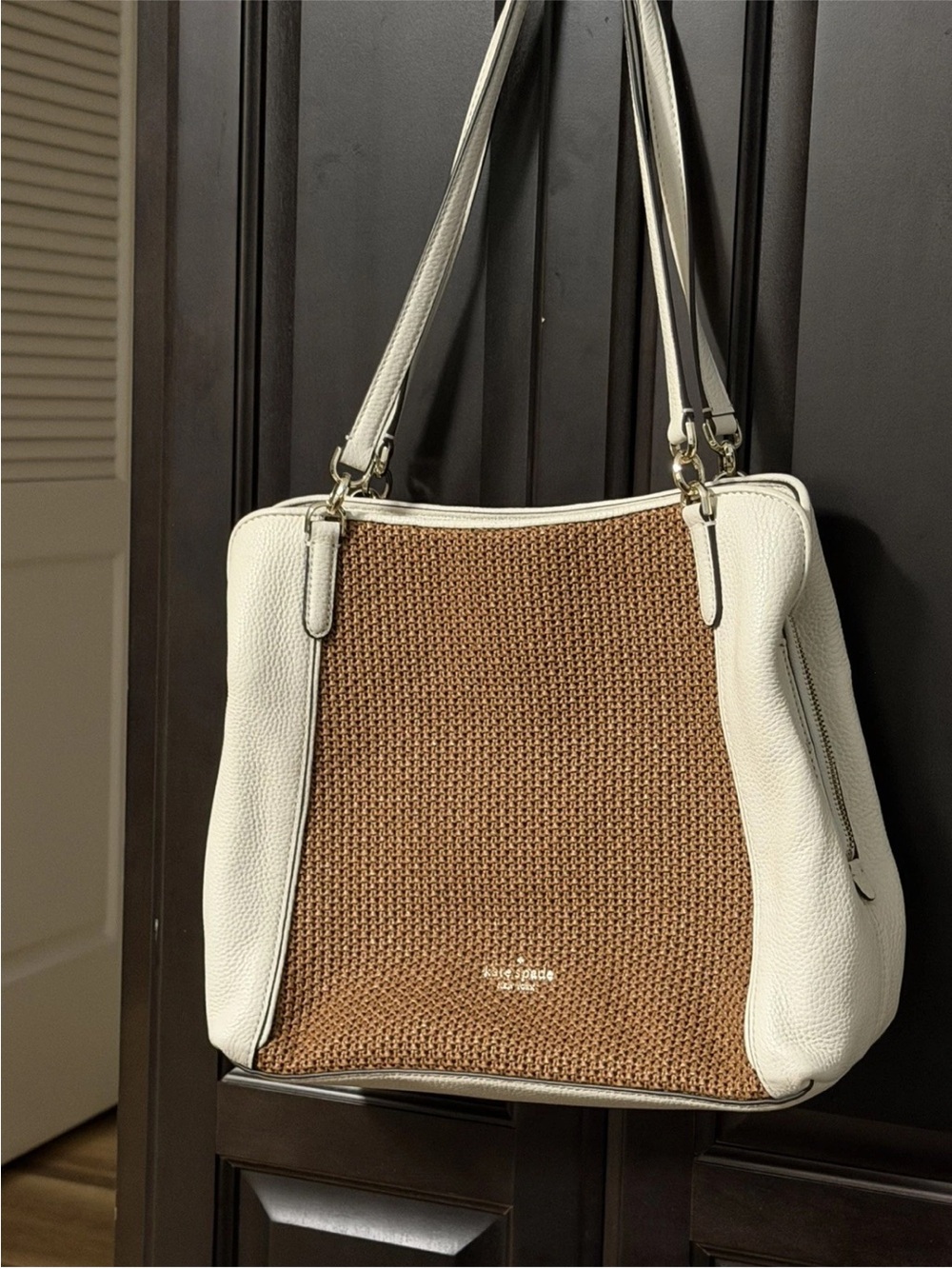 kate spade White Leather and Brown Woven Shoulder Bag